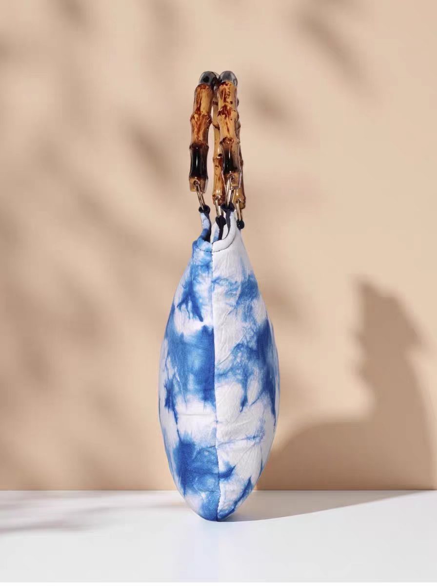 Hand-Tied Tie-Dye Bamboo-Handle Tote Bag Retro Artsy Versatile Fabric Bag Bamboo-Handle Tote with Large Capacity Travel Fabric Bag