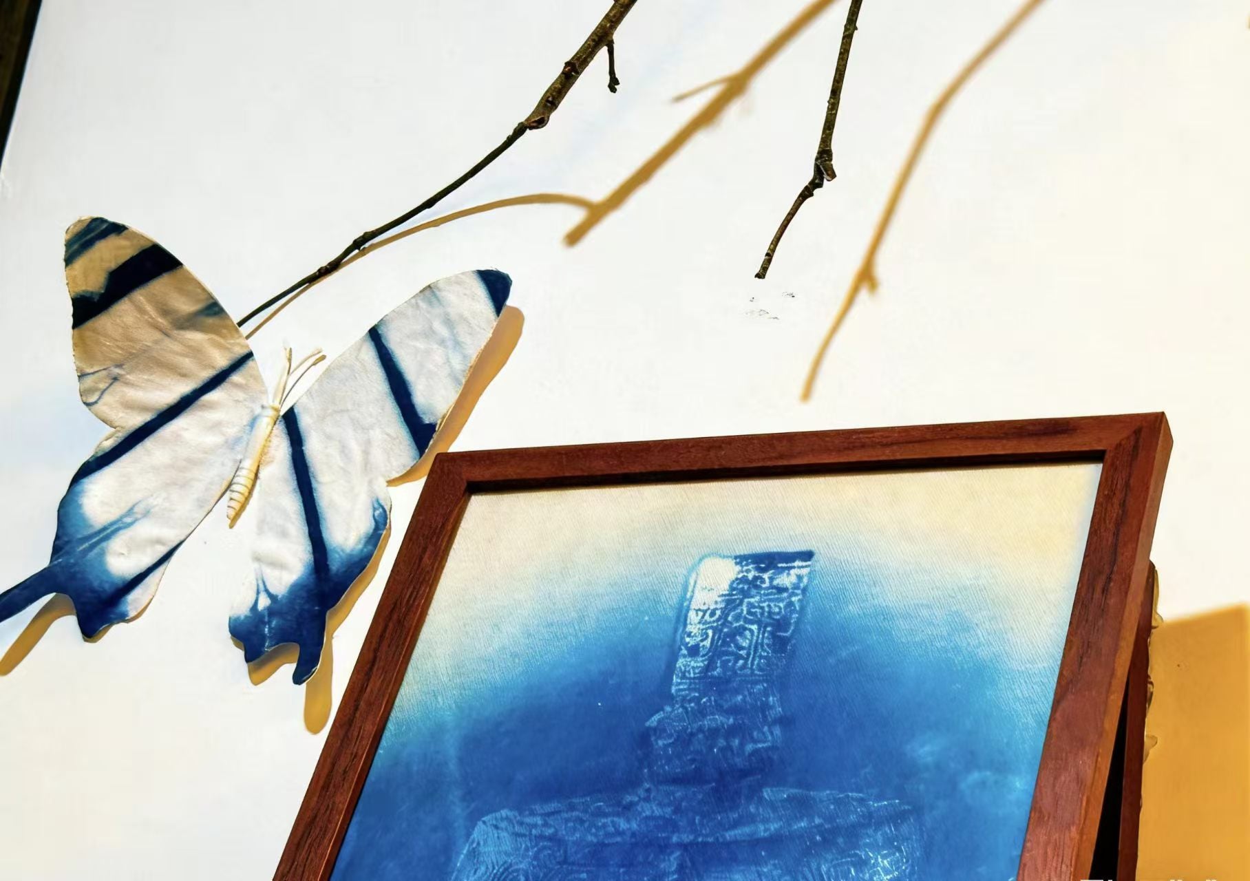 Handmade Indigo Dye Wall Art - Framed Bronze Bell Print, Cotton Shibori Artwork, Unique Blue & White Pattern