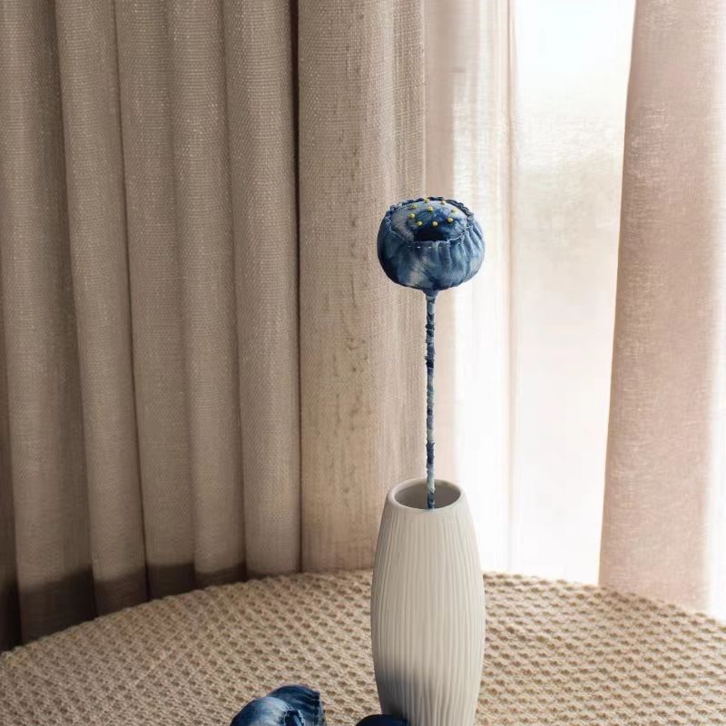 Hand-Dyed Indigo Lotus Pod | 3D Batik Cotton Fabric Floral Decor