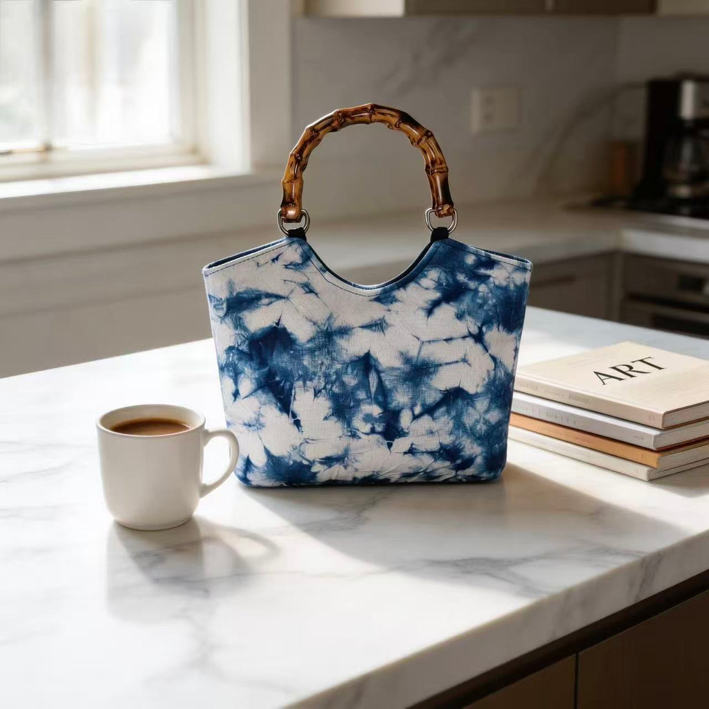 Indigo-Dyed Bamboo Handle Tote Bag – Handmade Artisan Purse | Boho Style