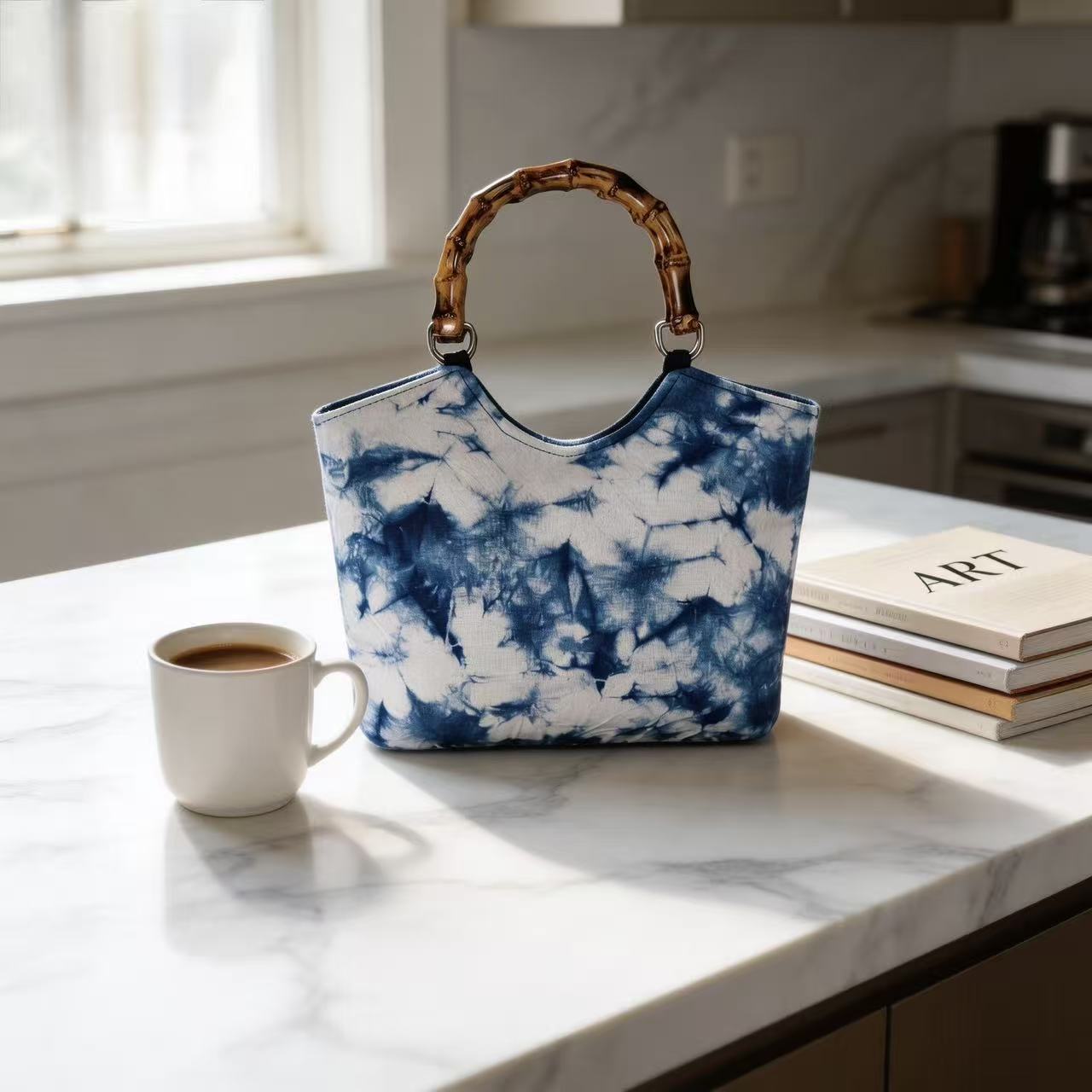Indigo-Dyed Bamboo Handle Tote Bag – Handmade Artisan Purse | Boho Style