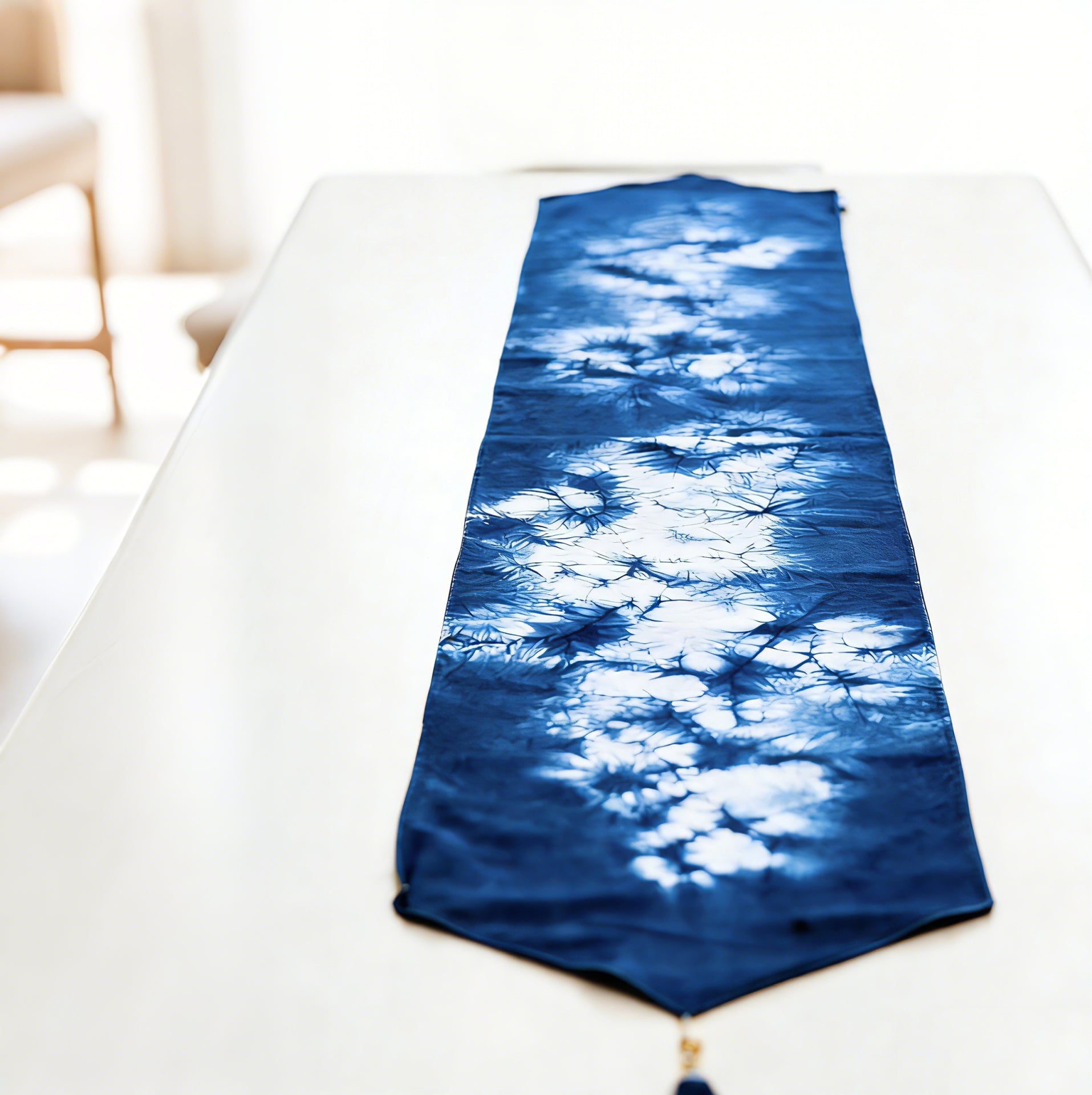 Handmade Indigo Tie-Dye Table Runner, Cotton Table Decor with Tassels
