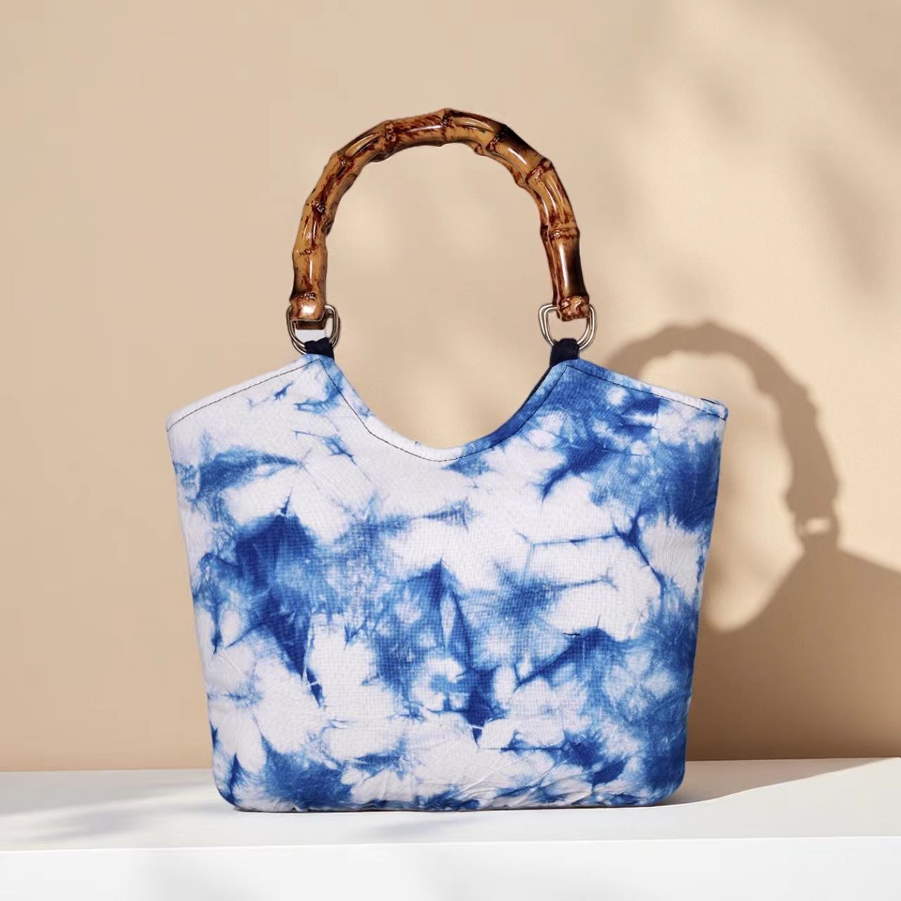 Hand-Tied Tie-Dye Bamboo-Handle Tote Bag Retro Artsy Versatile Fabric Bag Bamboo-Handle Tote with Large Capacity Travel Fabric Bag