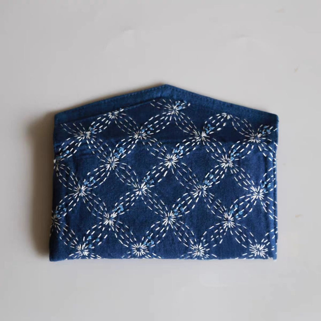 Handcrafted Indigo Wallet & Phone Pouch | Sashiko Four-Leaf Clover Embroidery, Cotton-Linen