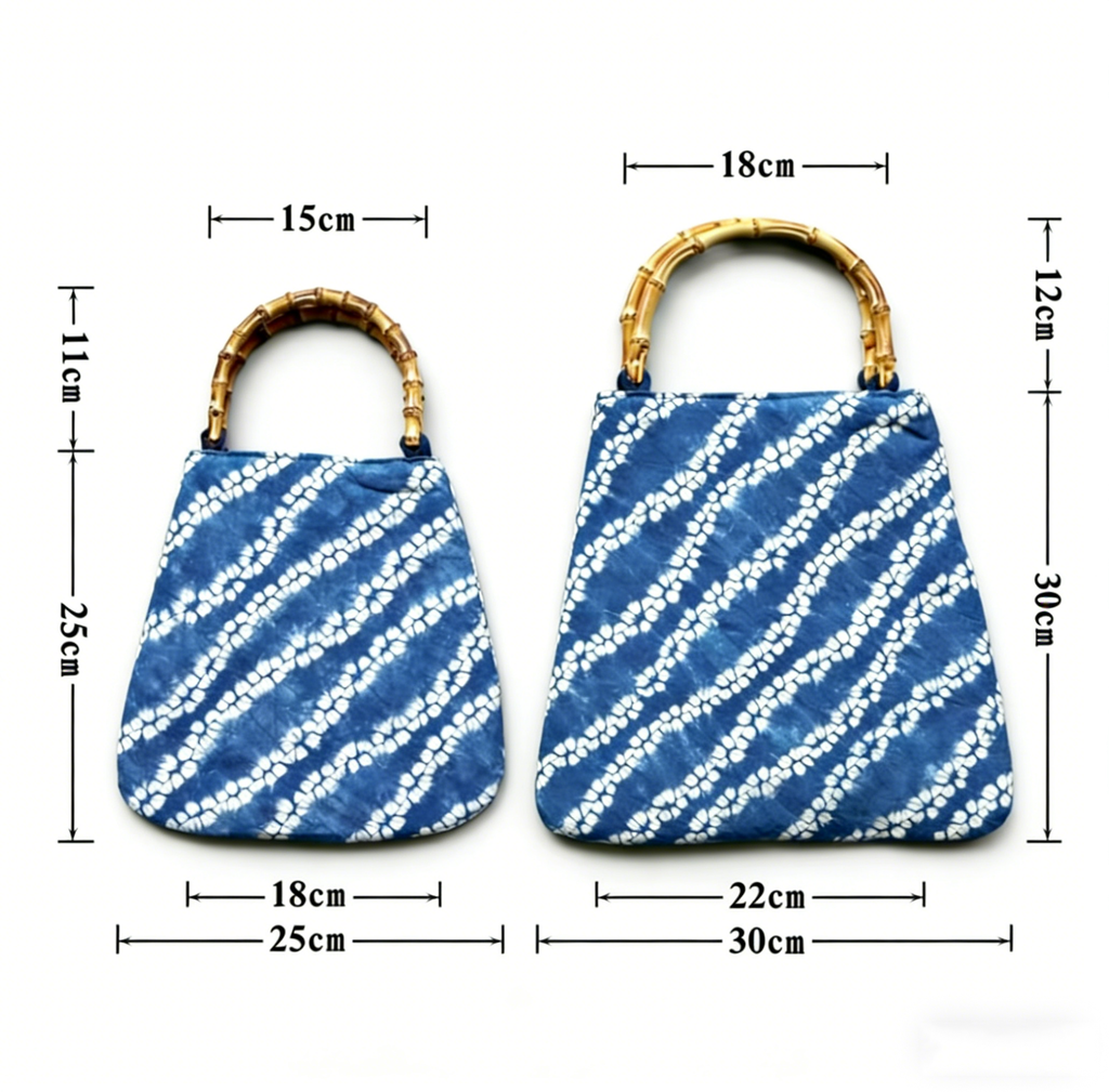 Indigo Batik Fan Tote — Bamboo Handle | Hand-Dyed
