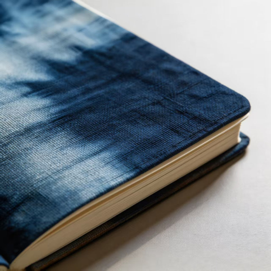Indigo-Dyed Notebook Cover – Handmade Sun & Crane Embroidery | A5 A6 Journal
