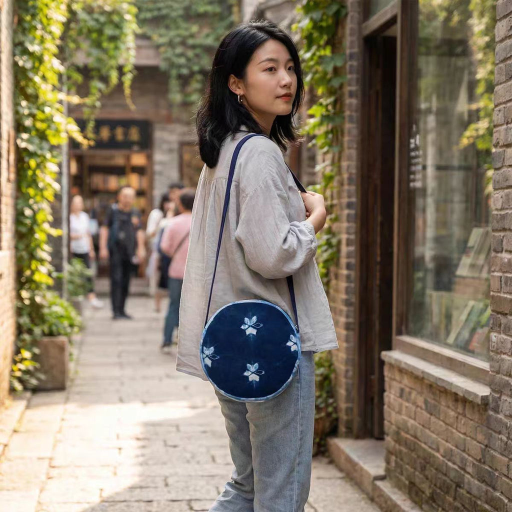 Indigo-Dyed Round Mini Crossbody Bag – Handmade Floral Ethnic Boho Purse for Women