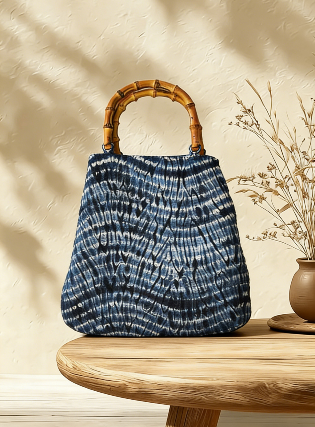 Indigo Batik Fan Tote — Bamboo Handle | Hand-Dyed
