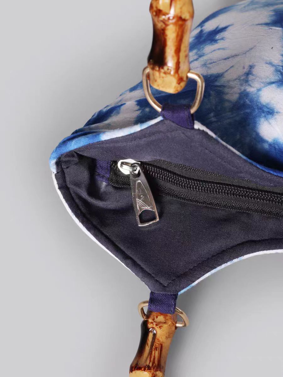 Indigo-Dyed Bamboo Handle Tote Bag – Handmade Artisan Purse | Boho Style