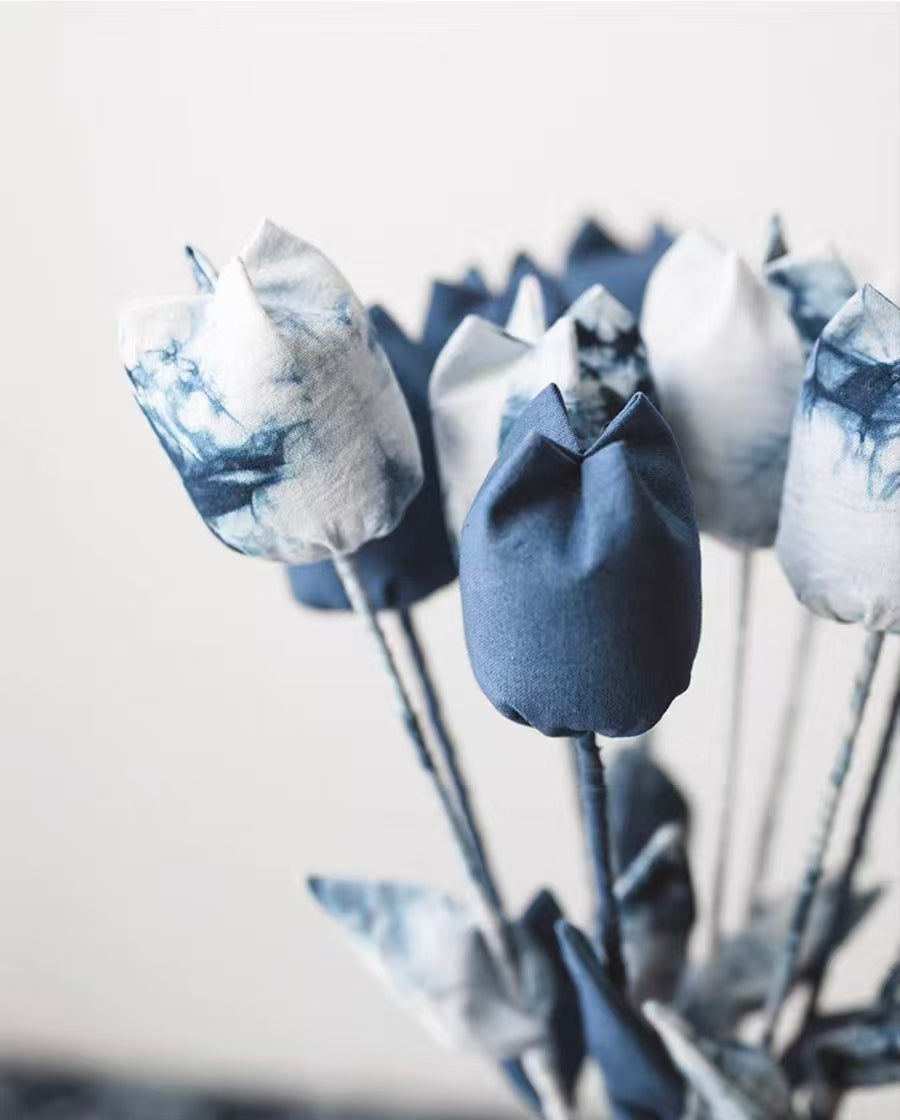 Hand-Dyed Indigo Tulip | 3D Cotton Fabric Flower Home Decor