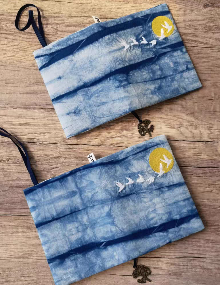 Indigo-Dyed Notebook Cover – Handmade Sun & Crane Embroidery | A5 A6 Journal