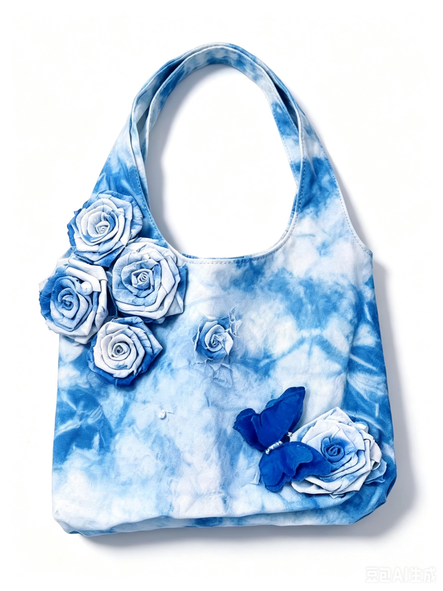 Natural Indigo Shibori Hand Tie Dye Canvas Tote Bag, 3D Fabric Rose Butterfly Decor Bohemian Shoulder Bag for Travel, Daily & Vintage Chinese Outfit