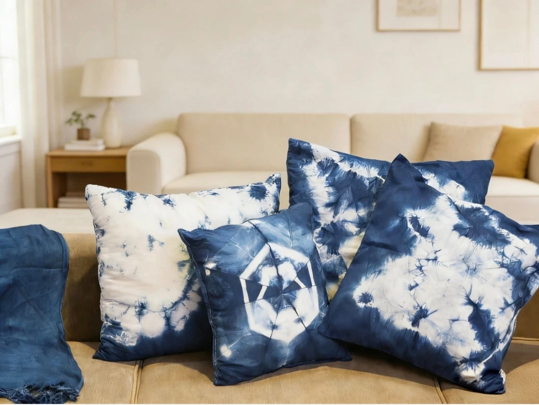 Indigo-Dyed Pillow Cover – Handmade Shibori Cotton Cushion Cover | Boho Home Decor