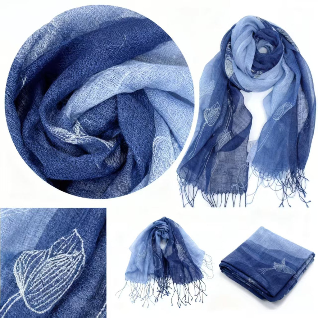 Indigo Batik Linen Shawl — Hand-Dyed Gradient Fringe Scarf
