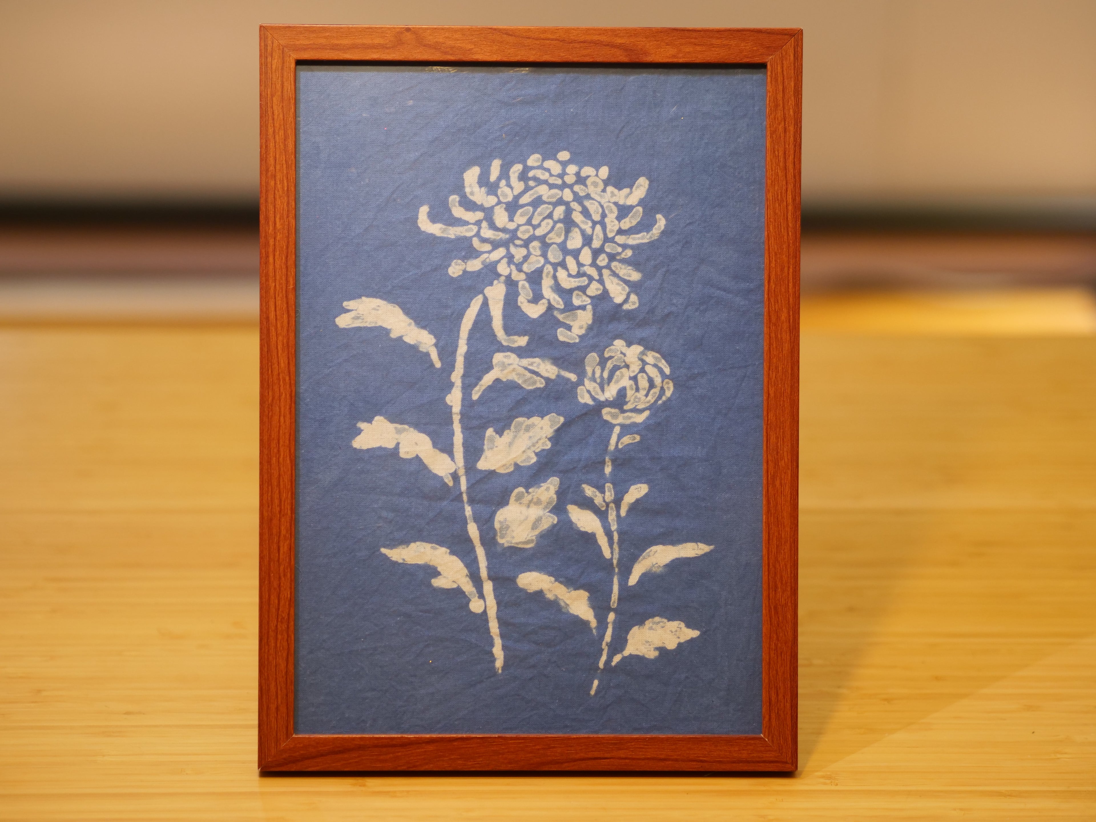 Handmade Indigo Dye Floral Wall Art,Framed Flower Print, Unique Blue & White Pattern