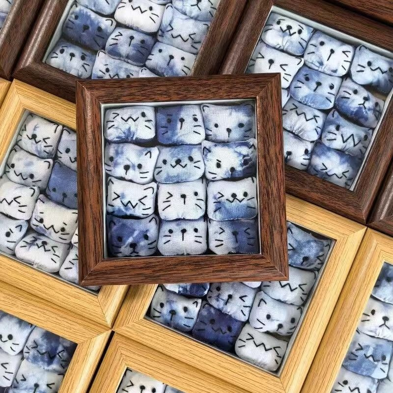 Natural Indigo Shibori Hand Tie Dye 3D Plush Kitten Framed Wall Art, Cute Cat Soft Sculpture Decor Frame for Bedroom, Cafe & Handmade Gift