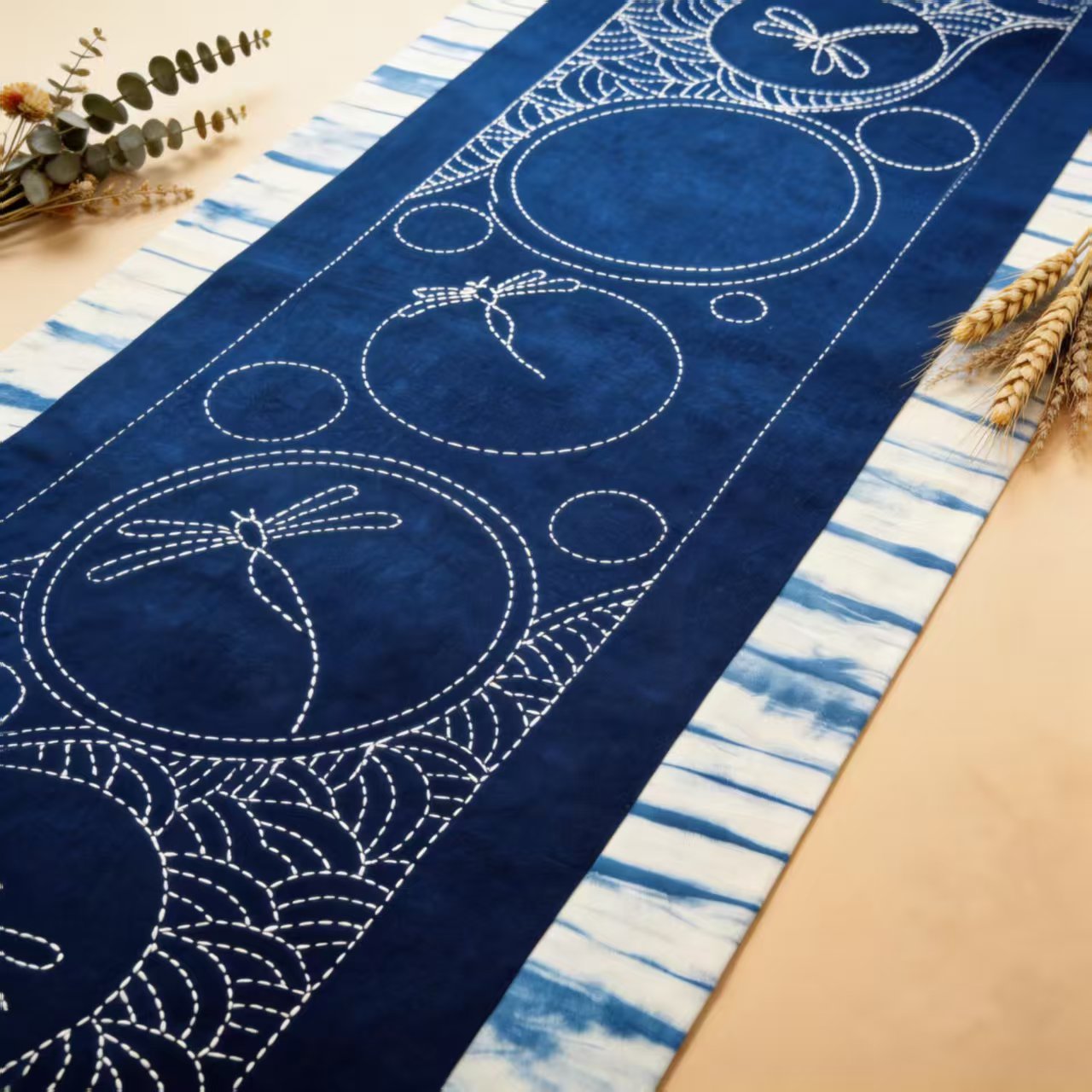 Handcrafted Shibori Indigo Table Runner | Embroidered Dragonfly & Tassel | Cotton Boho Decor