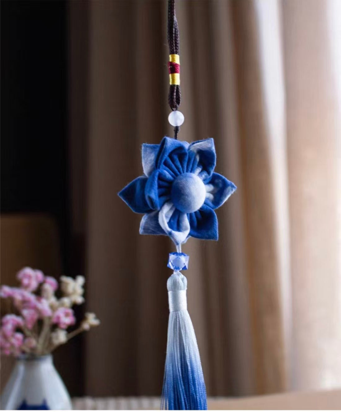 Indigo Fabric Flower Charm – Handmade Tie-Dye Ornament | Artisan Boho Gift