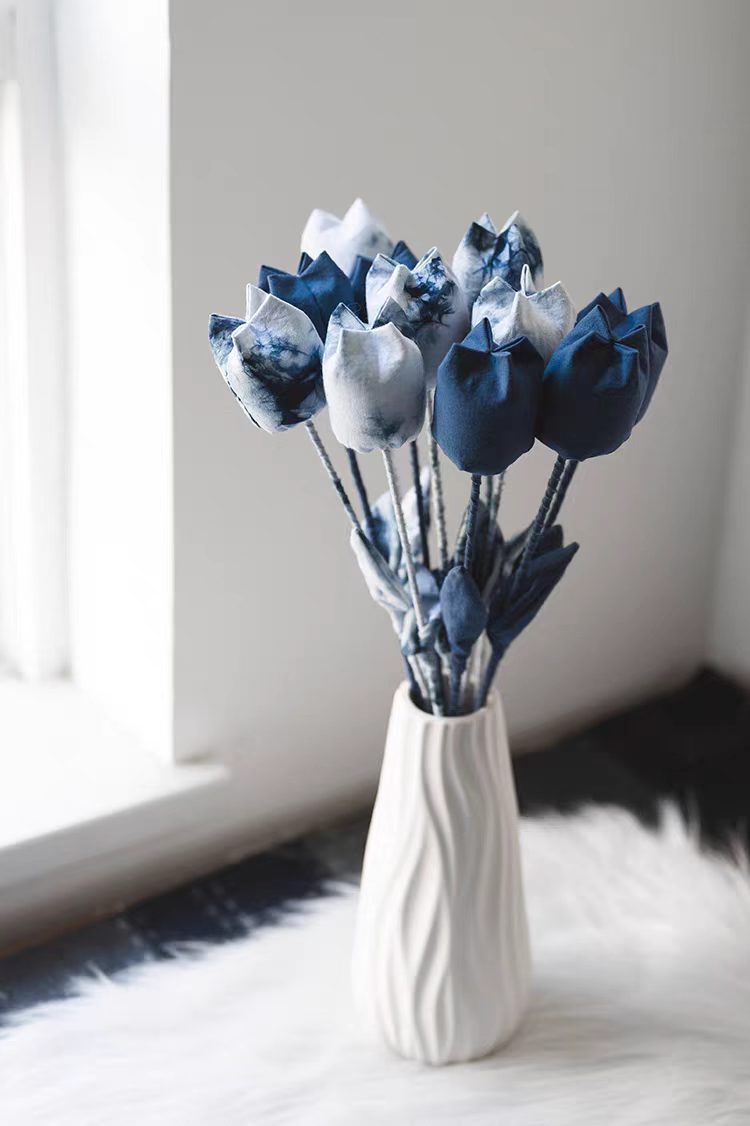 Hand-Dyed Indigo Tulip | 3D Cotton Fabric Flower Home Decor