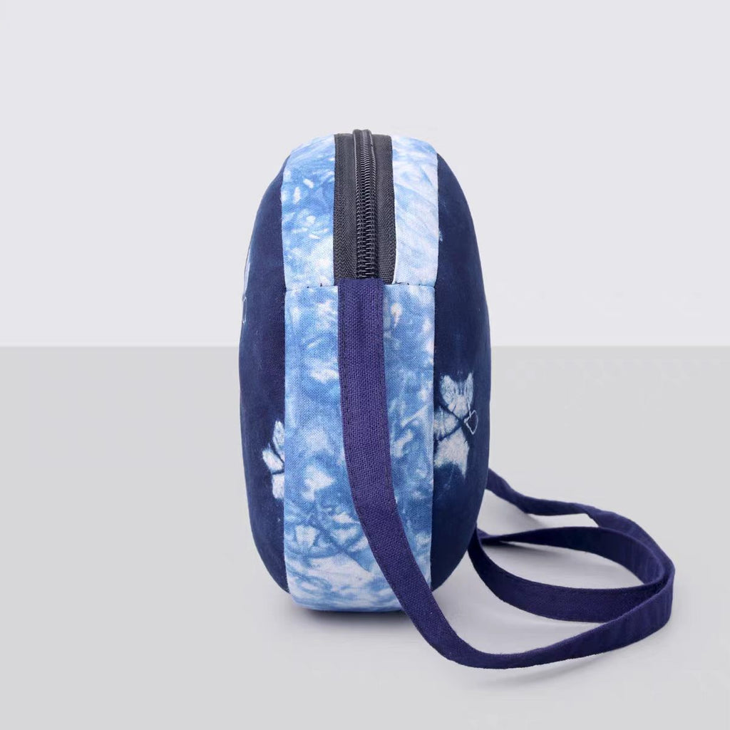 Indigo-Dyed Round Mini Crossbody Bag – Handmade Floral Ethnic Boho Purse for Women