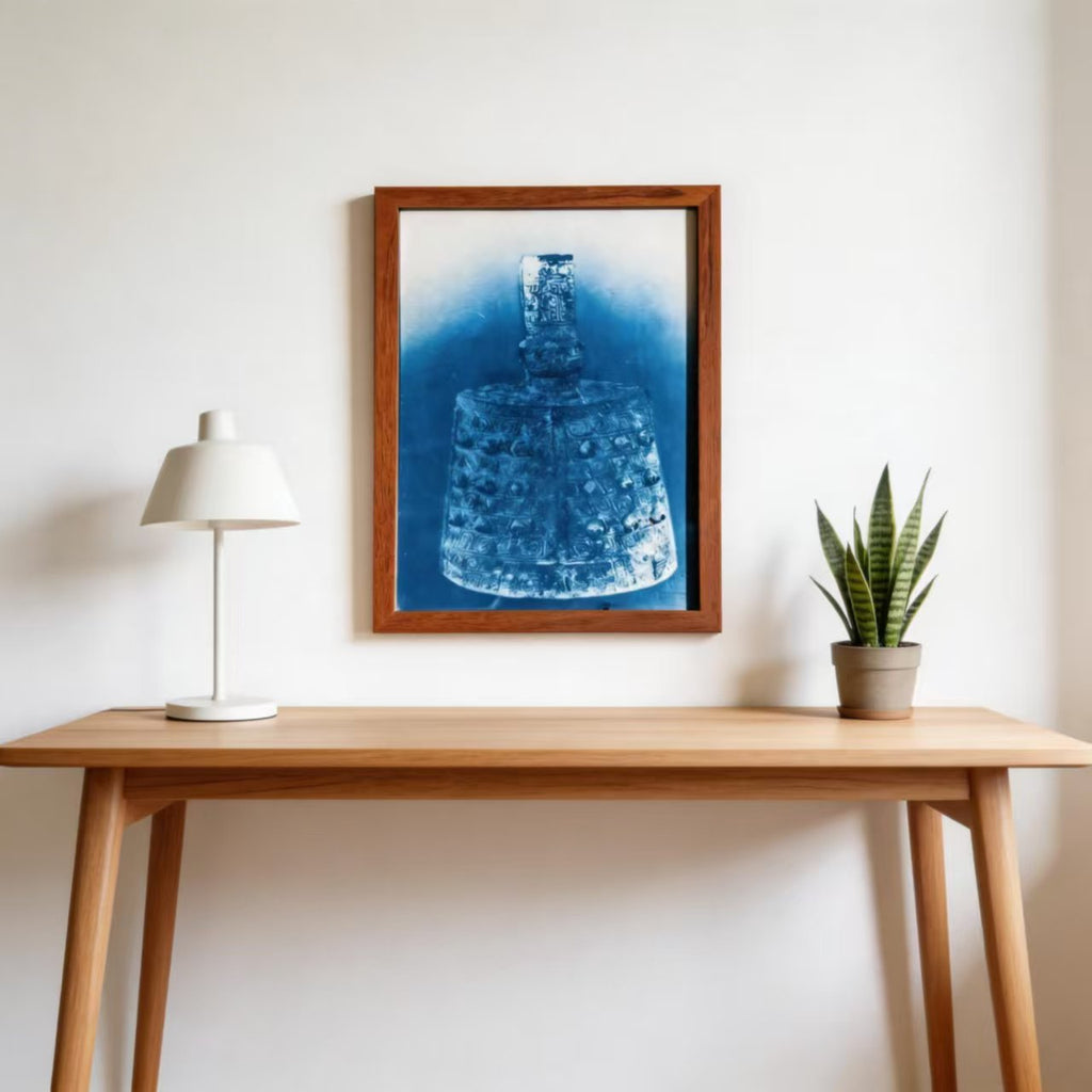 Handcrafted Shibori Indigo Wall Art | Bronze Bell Print | Framed Cotton Textile