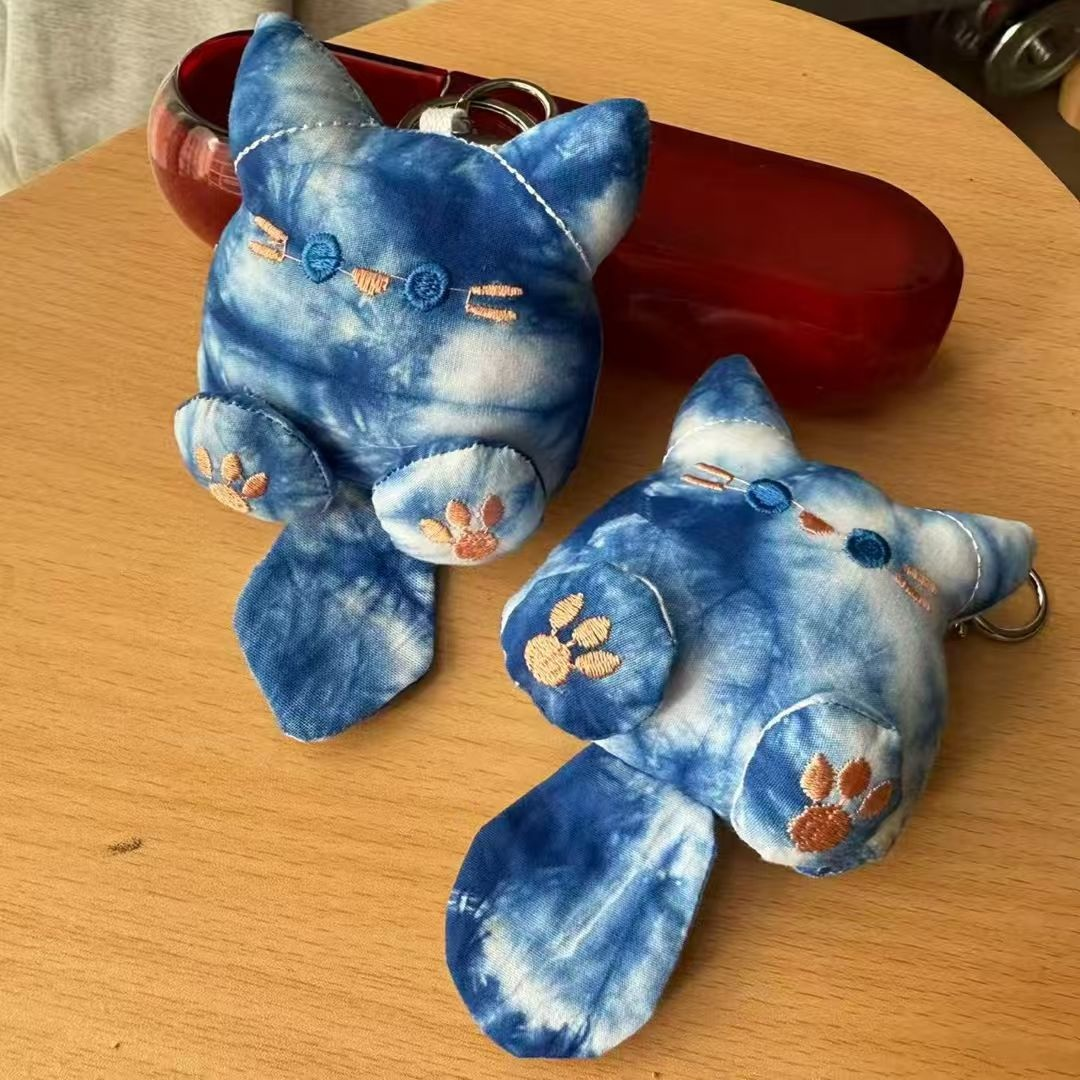 Indigo Shibori Hand Tie Dye Mini Cat Plush Keychain, Bohemian Soft Kitten Bag Charm Ornament for Backpack, Tote Bag & Key Gift