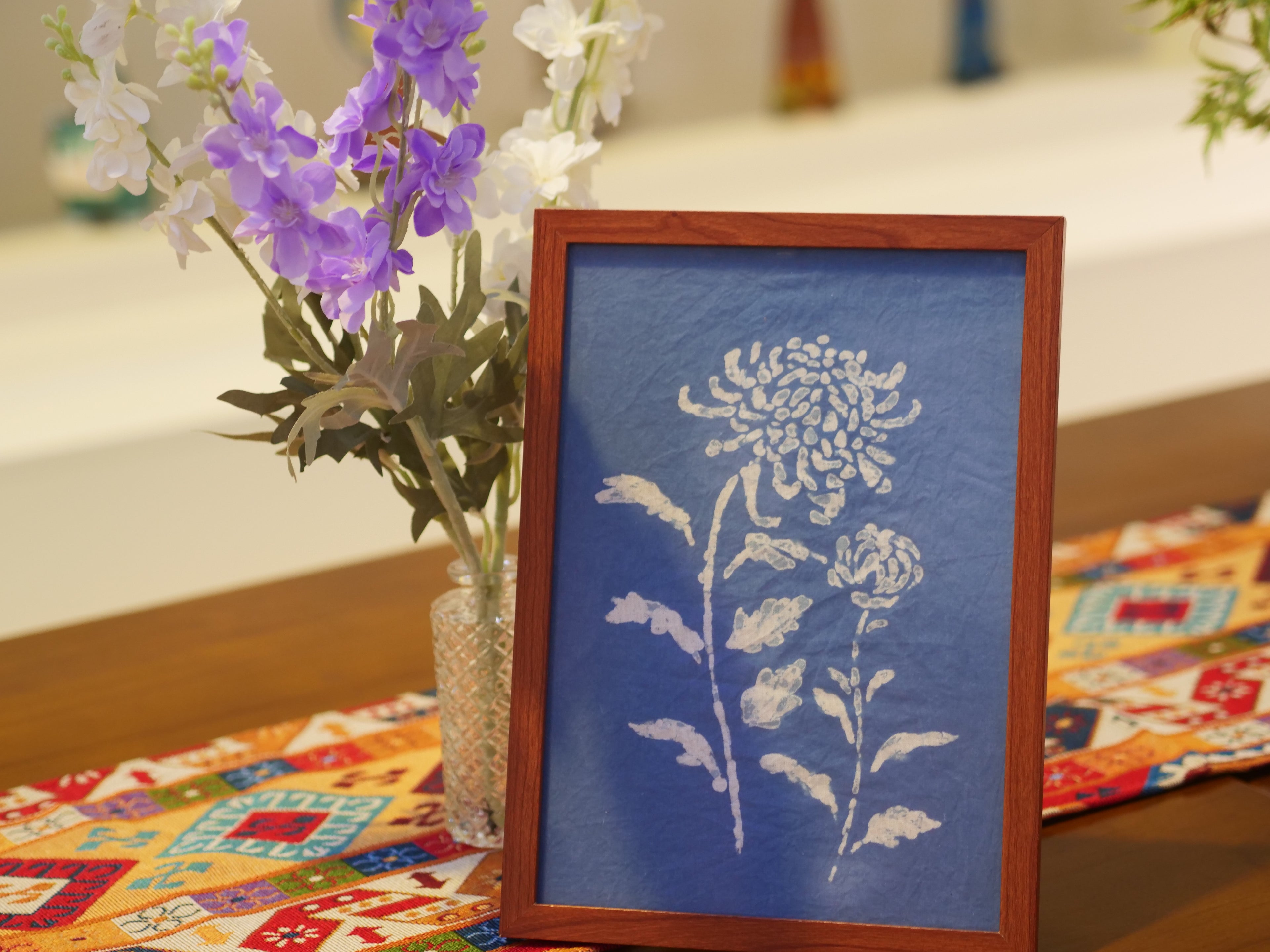 Handmade Indigo Dye Floral Wall Art,Framed Flower Print, Unique Blue & White Pattern