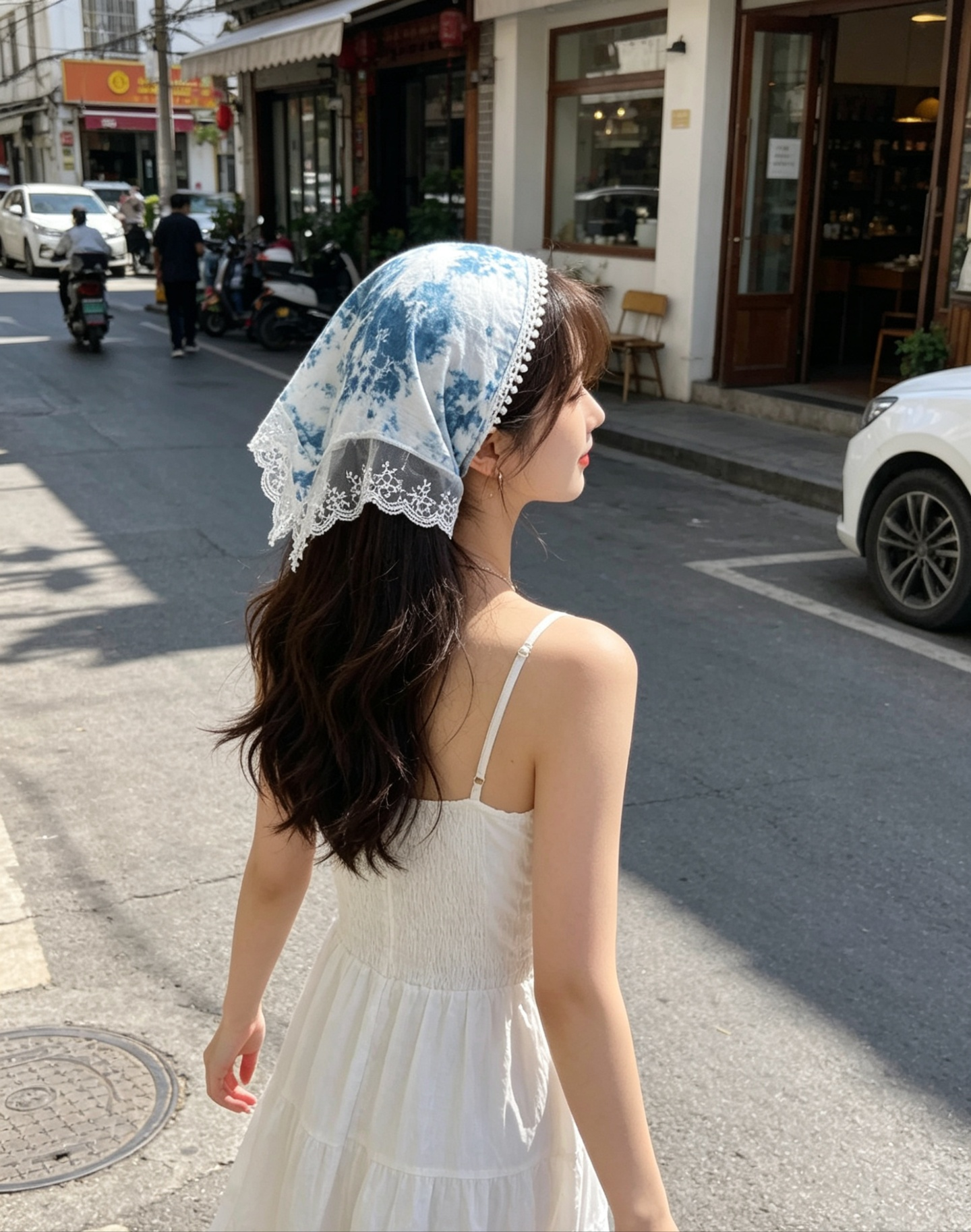 Indigo Shibori Lace Pom Pom Triangle Head Scarf, Reversible Multi-style Bohemian Hair Kerchief for Beach, Cafe & Daily Wear