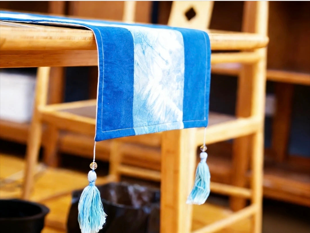 Hand-Dyed Indigo Table Runner | Tassel Table Scarf Cotton Textile
