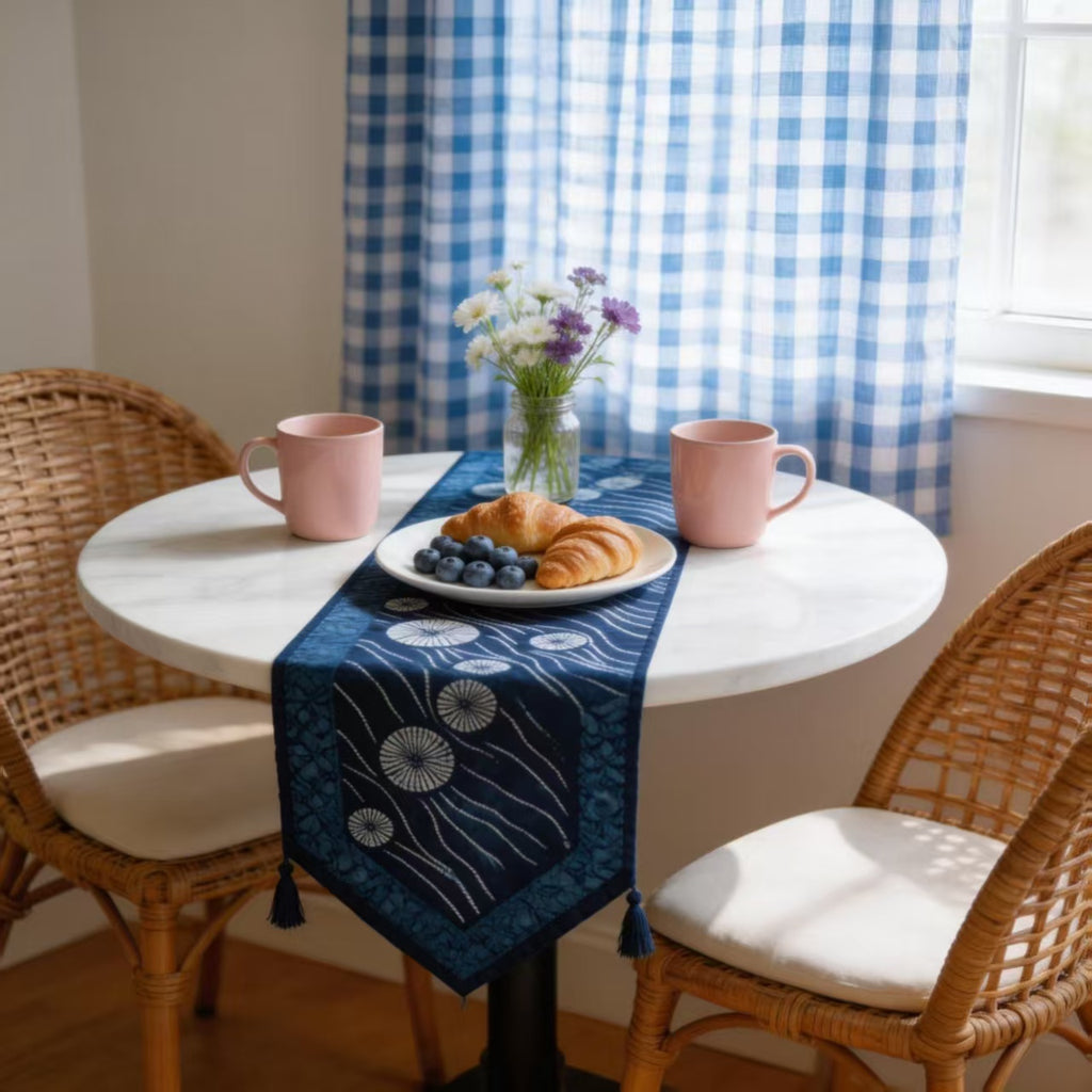 Indigo-Dyed Table Runner – Handmade Shibori Wave & Floral Boho Home Decor