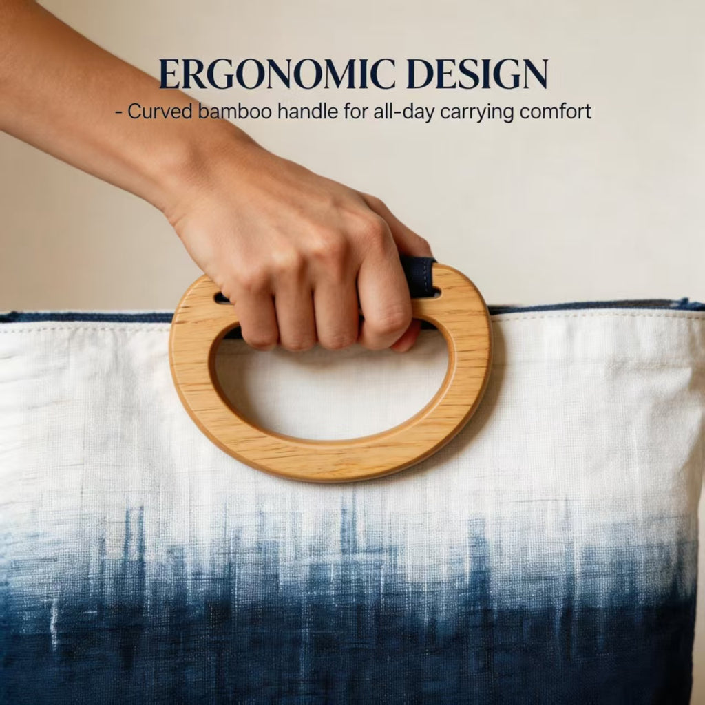 Indigo-Dyed Mini Tote Bag – Handmade Wood Handle Purse | Boho Gift