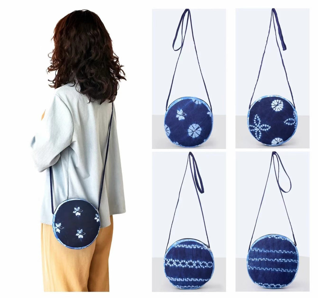 Indigo-Dyed Round Mini Crossbody Bag – Handmade Floral Ethnic Boho Purse for Women