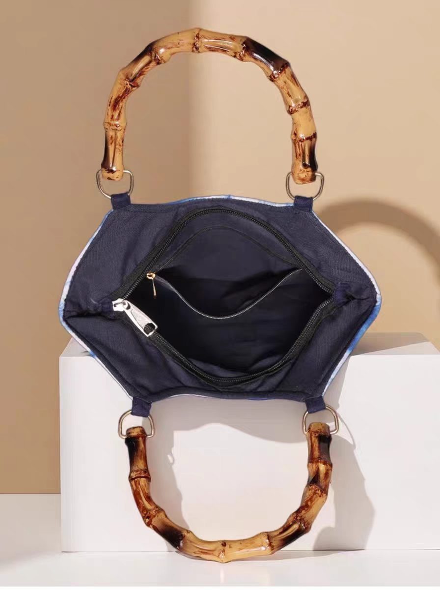 Indigo-Dyed Bamboo Handle Tote Bag – Handmade Artisan Purse | Boho Style