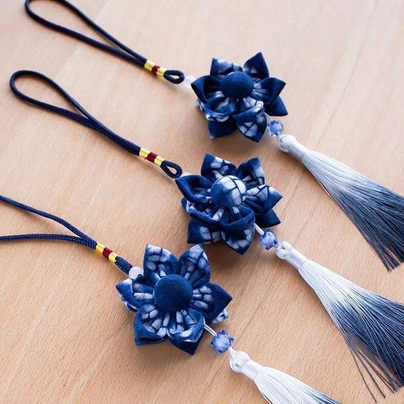 Indigo Fabric Flower Charm – Handmade Tie-Dye Ornament | Artisan Boho Gift