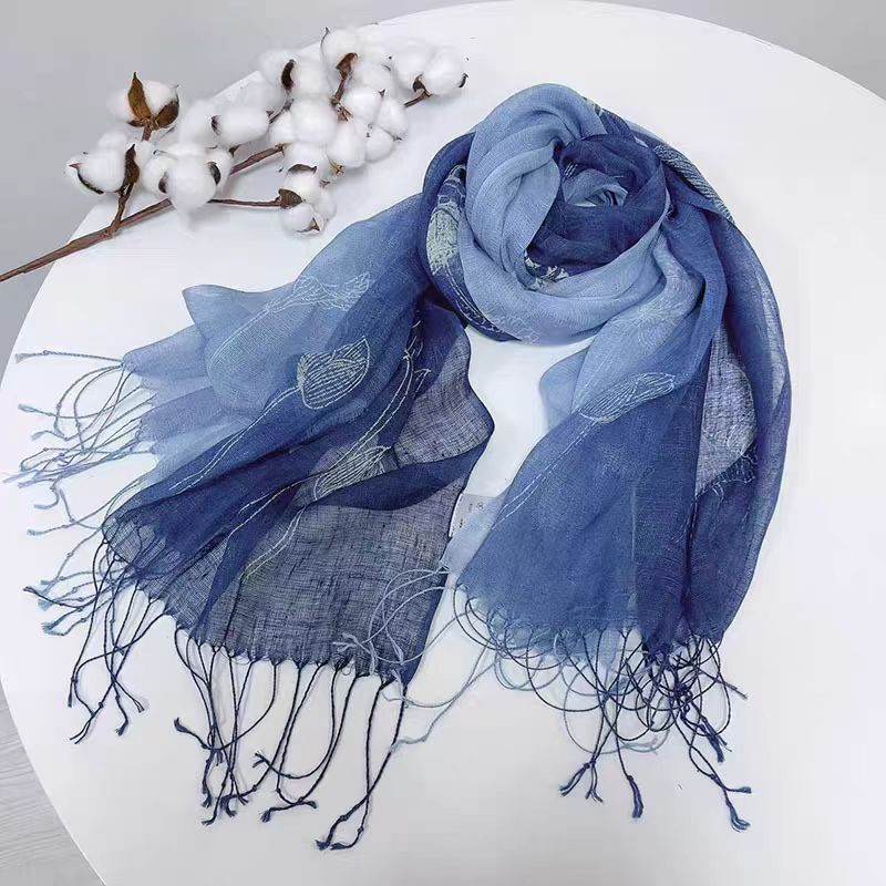 Indigo Batik Linen Shawl — Hand-Dyed Gradient Fringe Scarf