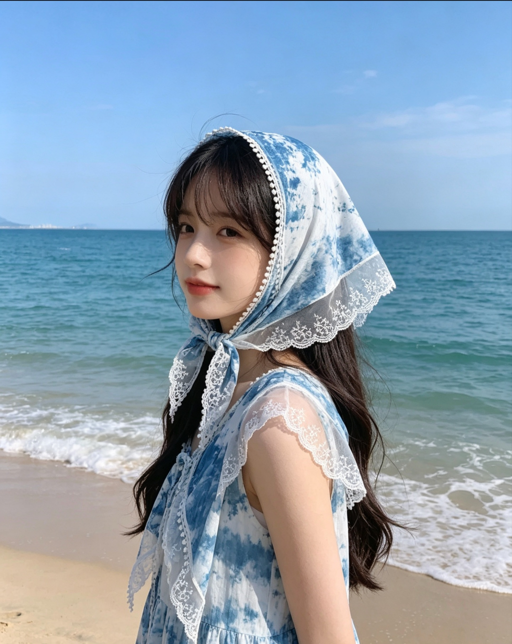 Indigo Shibori Lace Pom Pom Triangle Head Scarf, Reversible Multi-style Bohemian Hair Kerchief for Beach, Cafe & Daily Wear