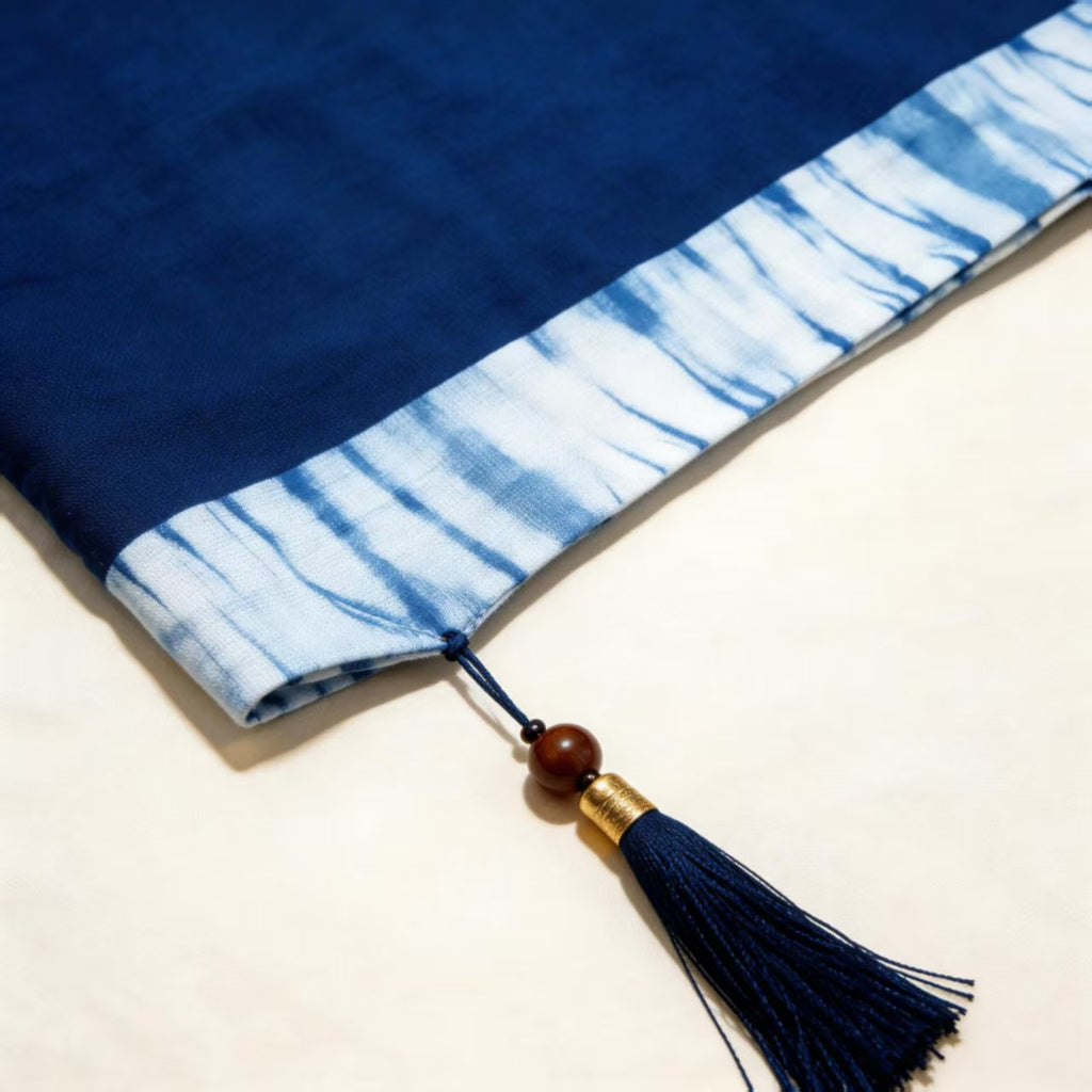 Handcrafted Shibori Indigo Table Runner | Embroidered Dragonfly & Tassel | Cotton Boho Decor