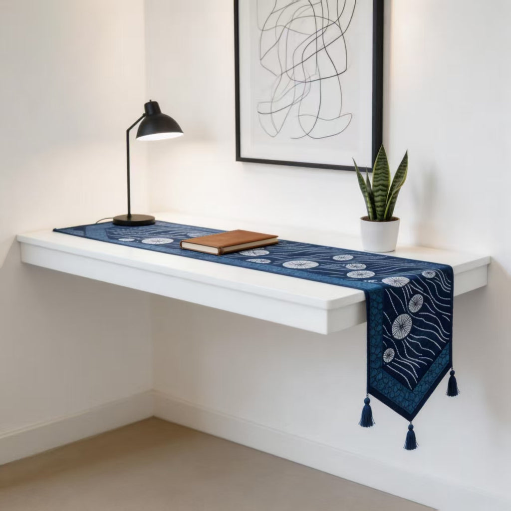 Indigo-Dyed Table Runner – Handmade Shibori Wave & Floral Boho Home Decor