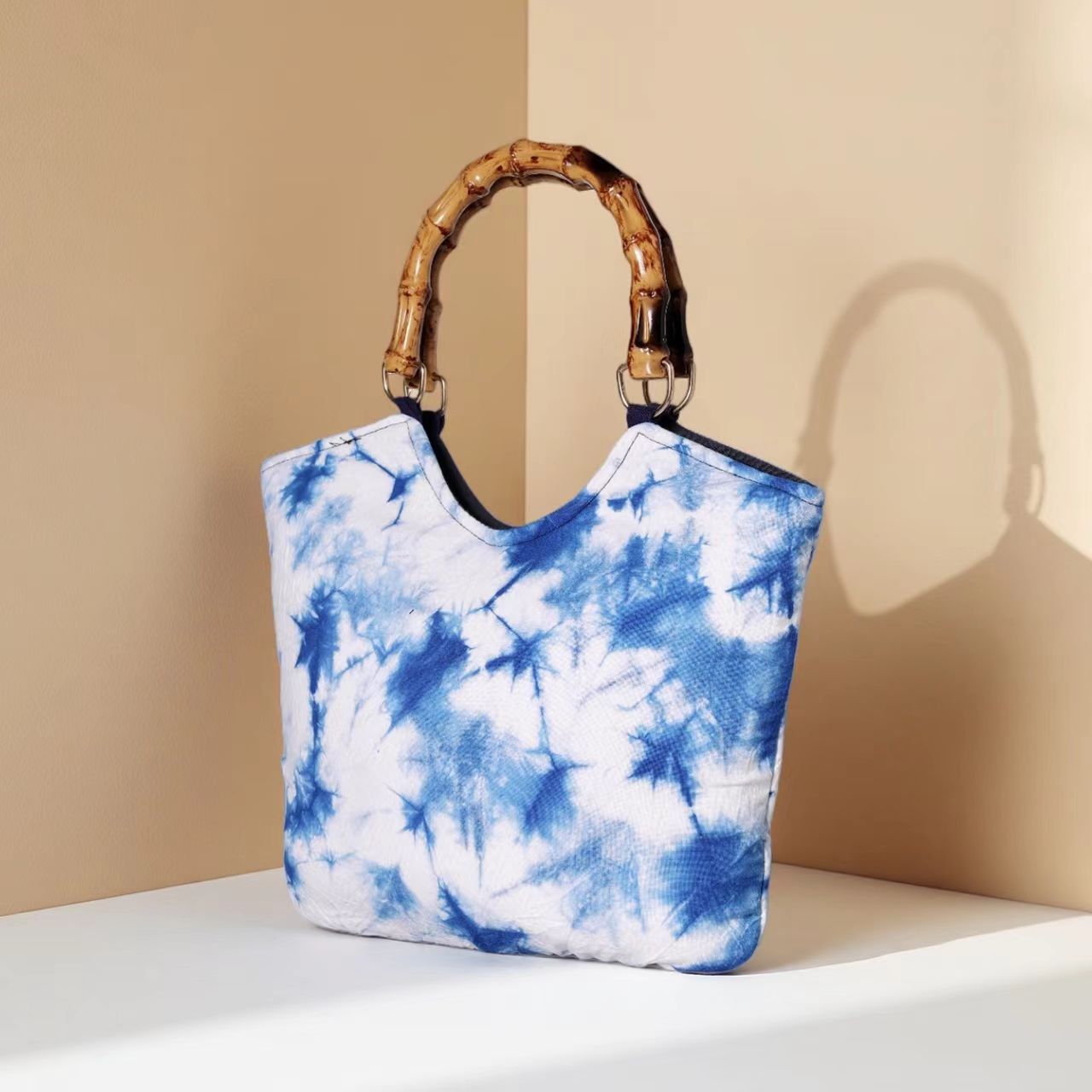 Hand-Tied Tie-Dye Bamboo-Handle Tote Bag Retro Artsy Versatile Fabric Bag Bamboo-Handle Tote with Large Capacity Travel Fabric Bag