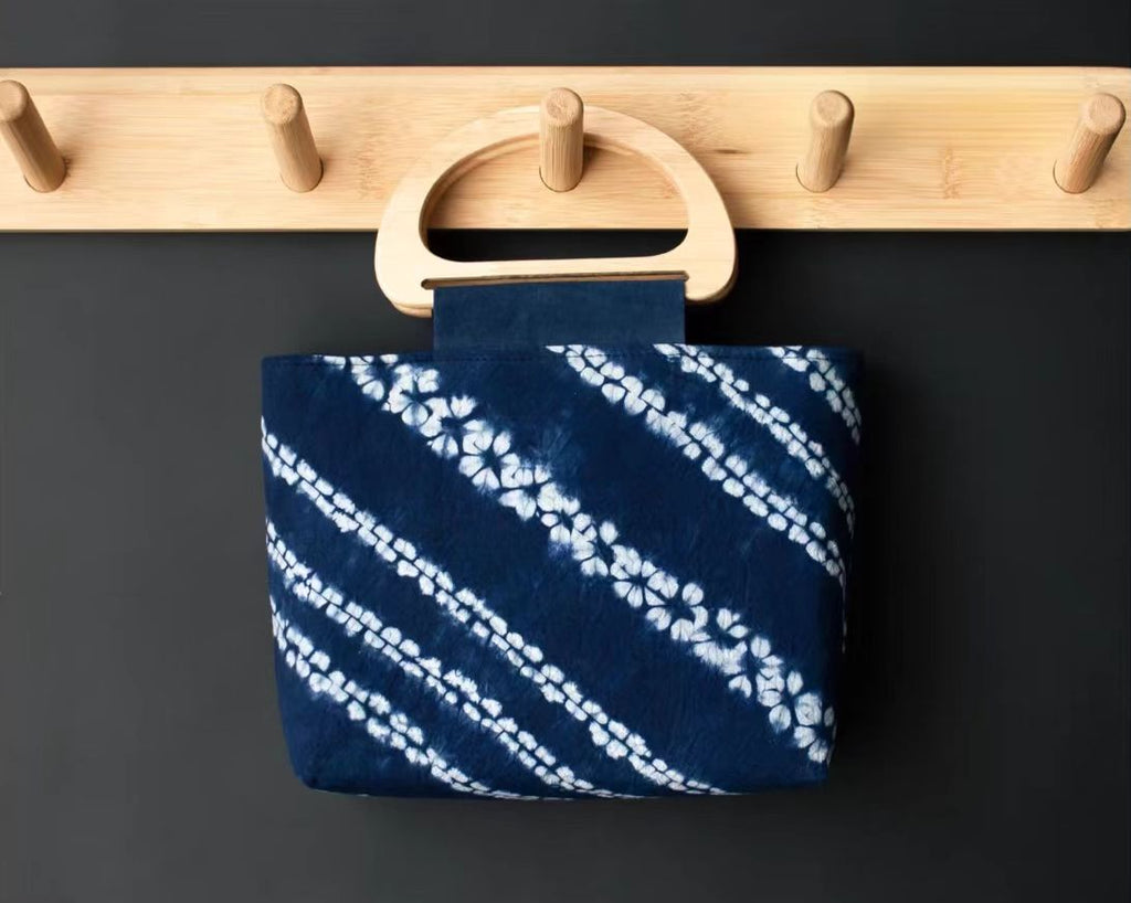 Indigo-Dyed Mini Tote Bag – Handmade Wood Handle Purse | Boho Gift