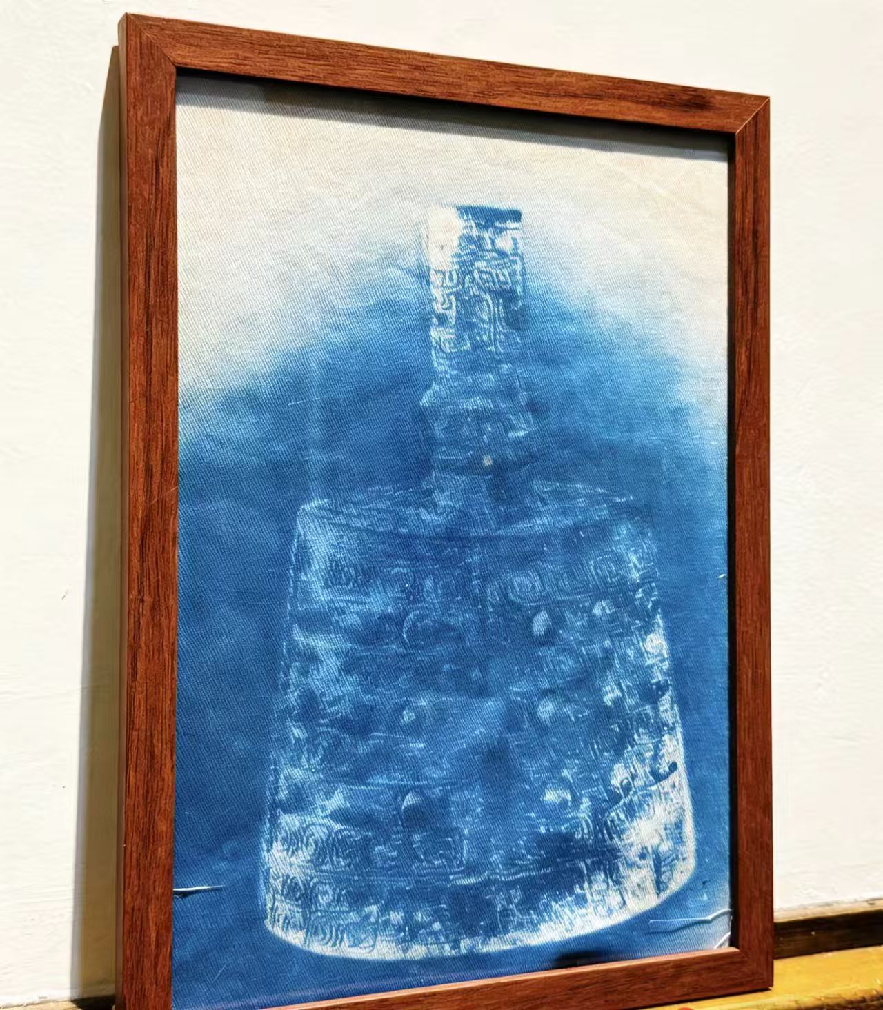 Handmade Indigo Dye Wall Art - Framed Bronze Bell Print, Cotton Shibori Artwork, Unique Blue & White Pattern