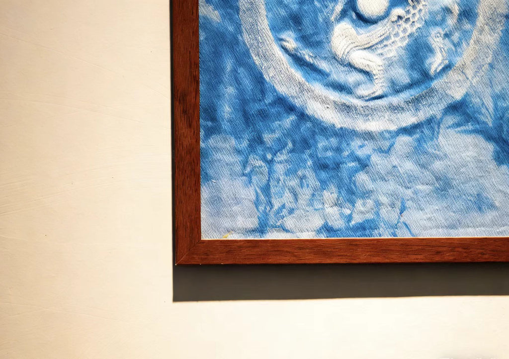 Handcrafted Indigo Wall Art | Traditional Chinese Tie-Dye Circular Relief, Framed Cotton Textile