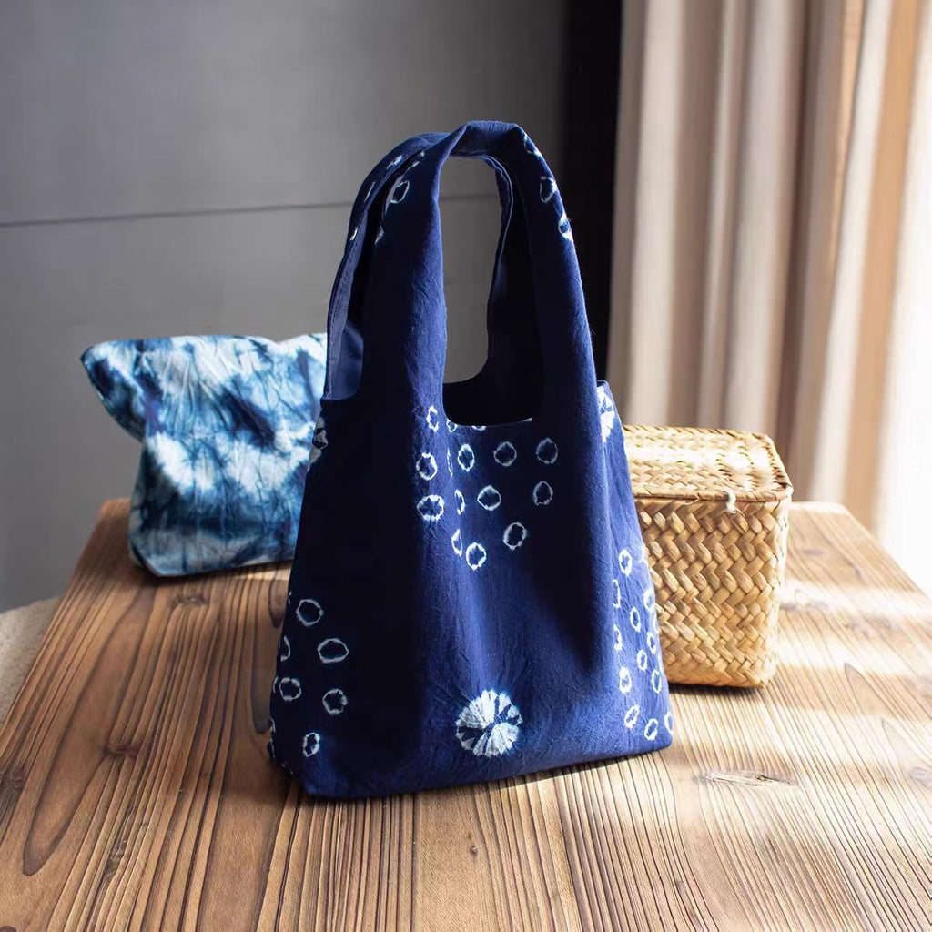 Indigo-Dyed Mini Tote Bag – Handmade Cotton-Linen Pouch | Boho Key & Coin Bag