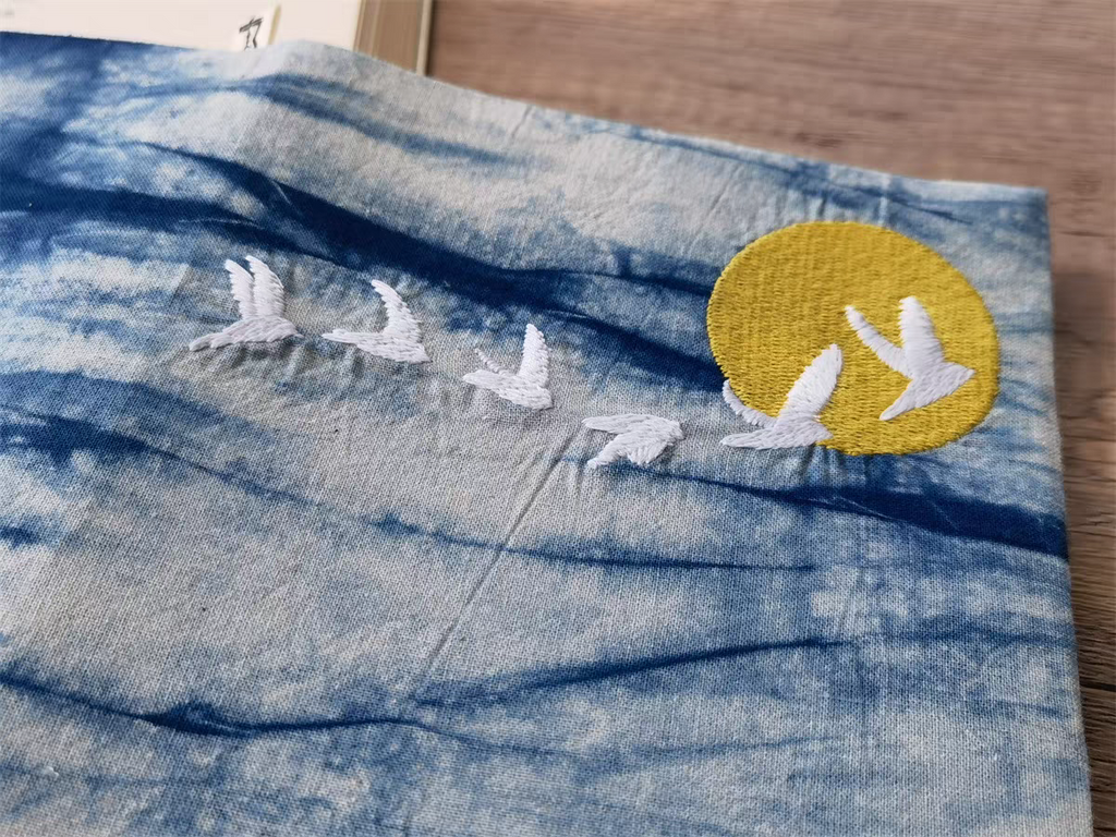 Indigo-Dyed Notebook Cover – Handmade Sun & Crane Embroidery | A5 A6 Journal