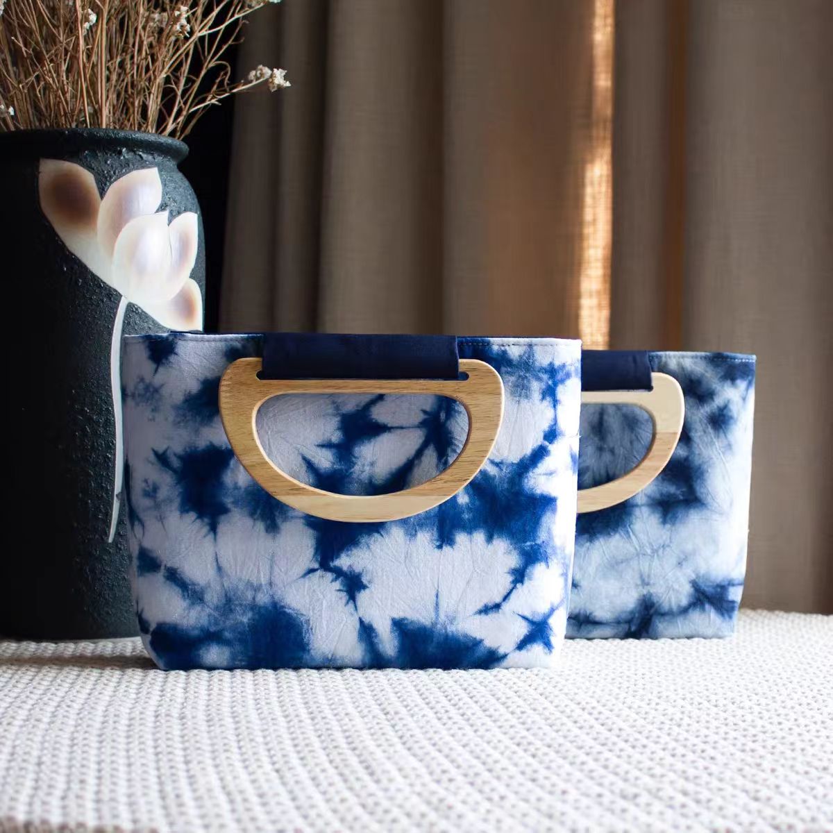 Indigo-Dyed Mini Tote Bag – Handmade Wood Handle Purse | Boho Gift
