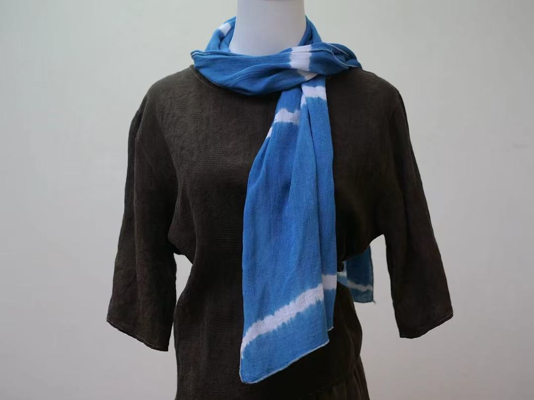 Handmade Indigo Tie-Dye Scarf ，Cotton Boho Shibori Scarf, Lightweight Blue & White Neck Wrap