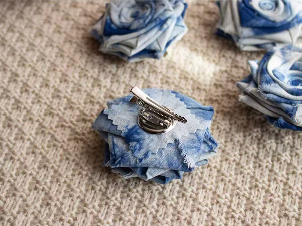 Indigo-Dyed Rose Brooch – Handmade Fabric Flower Pin | Artisan Boho Gift