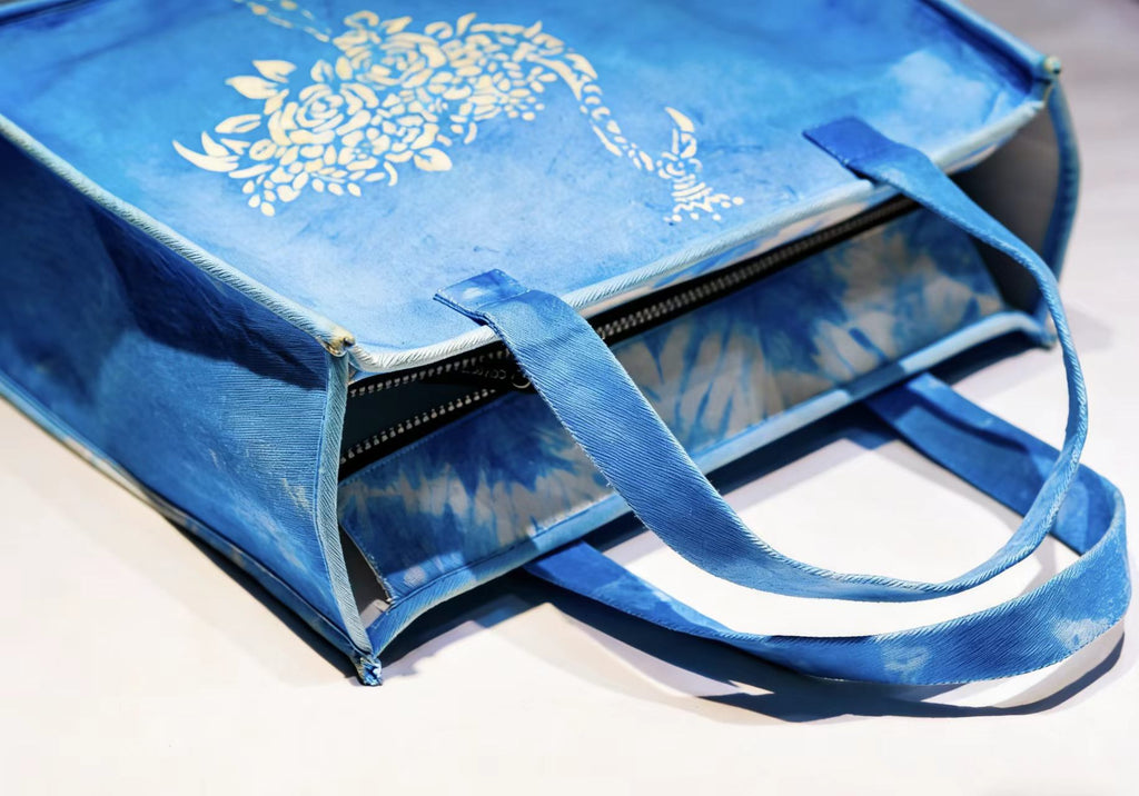 Hand-Dyed Indigo Flamingo Tote Bag | Cotton Shoulder Bag
