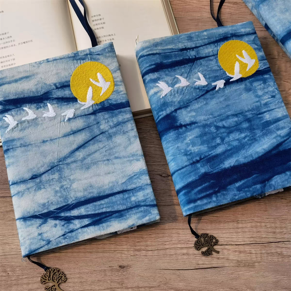 Indigo-Dyed Notebook Cover – Handmade Sun & Crane Embroidery | A5 A6 Journal