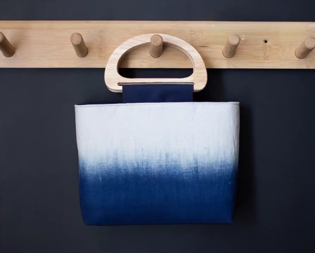 Indigo-Dyed Mini Tote Bag – Handmade Wood Handle Purse | Boho Gift